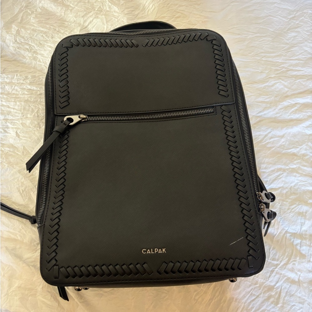 Calpak Black Woven-Trim Backpack with Front Zip Pocket